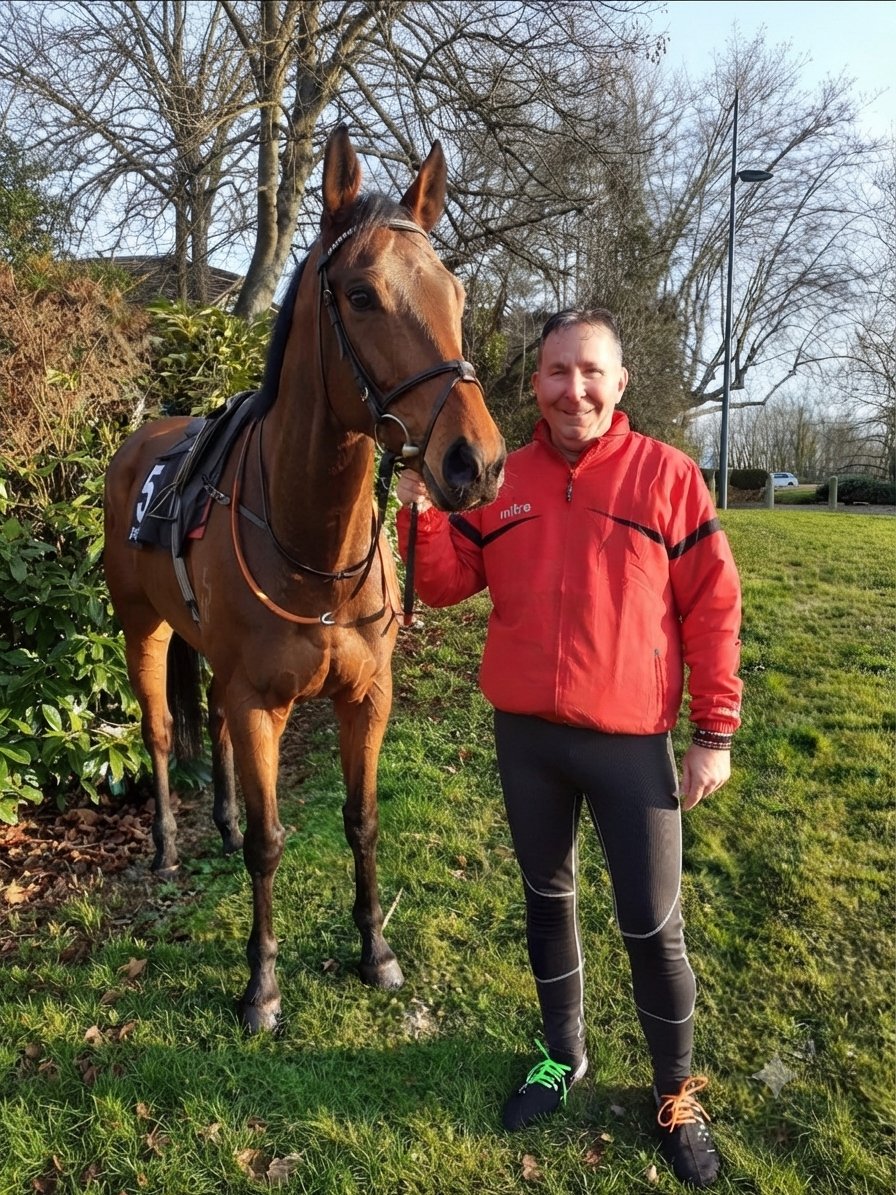 Bernard, directeur de la publication de Turf360 Magazine, avec un cheval de course